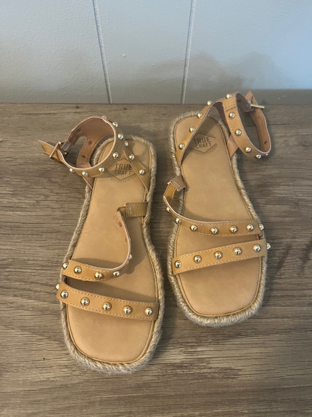 True Craft Tan Studded Rope-Trim Ankle-Strap Sandals